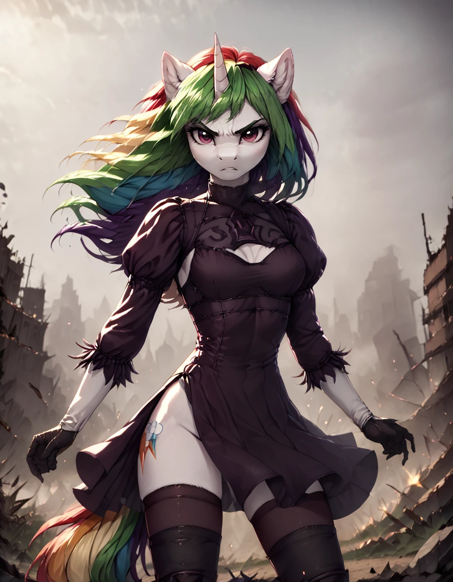 score_9, score_8_up, score_7_up,
source_furry, female unicorn wearing 2bn1er armor, hair, fur, my little pony, gloves, outside, equine, fingers, anthro, green hair, looking at viewer, mammal, shaded, eyelashes, pink eyes, horn, rainbow hair, multicolored hair, eyebrows, hasbro, detailed background, friendship is magic, 5 fingers, white body, iskra, 2021, equid, digital media \(artwork\), 2020, inner ear fluff, solo,looking at viewer, angry, (( wind, epic)), dynamic, motion blur,
<lora:2bnier:0.9>