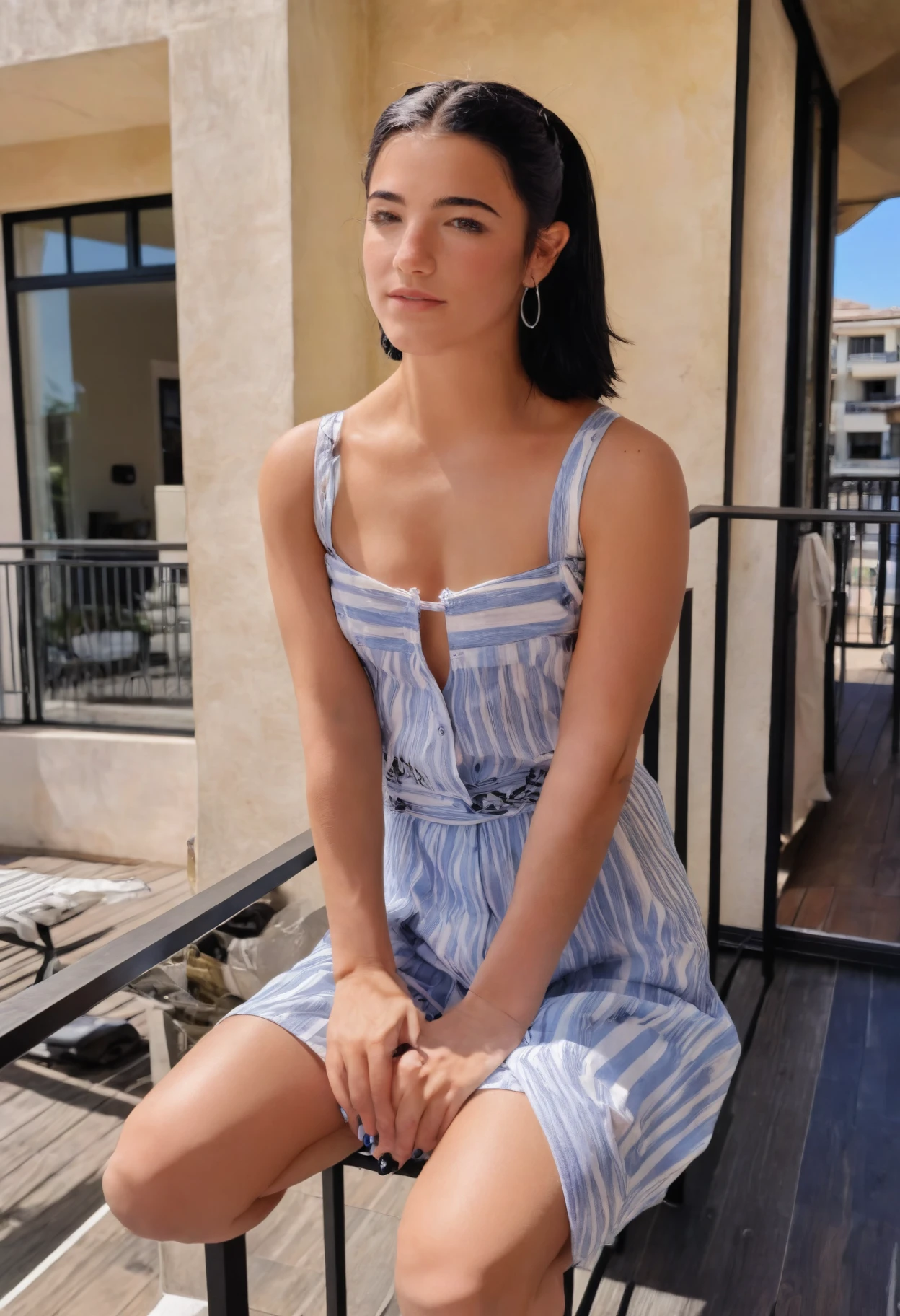 charlidamelio <lora:charlidamelio-XL:1>, ,a woman wearing jumpsuit, balcony , (summer, sitting , pan shot, flash photography:0.5), hyperdetailed Photography, best quality