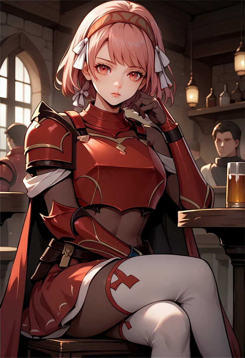 score_9, score_8_up, score_7_up, source_anime, 1girl, sitting, crossed legs, looking at viewer, expressionless, BREAK <lora:LapisFE-pdxl:1> defLapis, short hair, hair ribbon, two-tone hairband, red armor, breastplate, large breasts, shoulder armor, vambraces, bodystocking, red skirt, red cape, white thighhighs, indoors, tavern, chair
