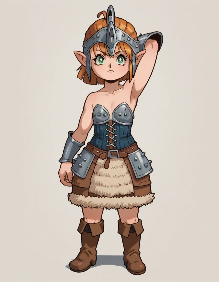 zPDXL, score_9, score_8_up, score_7_up, source_anime,
1girl, solo, sparkling eyes, (arm behind head), viking wearing Viking shieldmaiden ensemble with hide corset, chainmail skirt, hide bracers, fur boots, wolf-crested helmet, <lora:Lalafell_v2-10:1> lalafell, pointy ears, shortstack, flat chest, (portrait), <lora:Gunsmith_ver3:0.8> gnsmth , (three-quarter view),