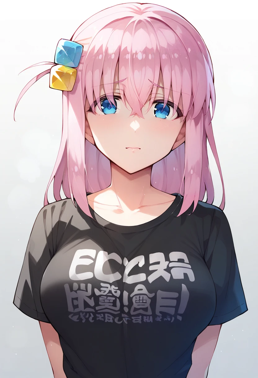 score_9, score_7_up, 1girl,black shirt,blue eyes,blush,clothes writing,collarbone,cropped torso,cube hair ornament,hair between eyes,large breasts,long hair,looking at viewer,one side up,pink hair,short sleeves,simple background,t-shirt,white background,gotoh hitori,bocchi the rock! <lora:ReDrop-Style-PonyXL-Dora-v1.3-000048:1>
