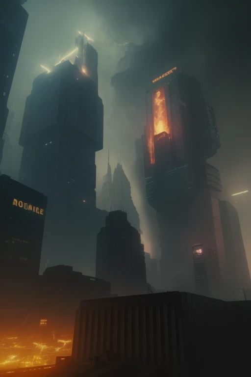 cyberpunk city, volumetric lighting, clouds, smoke, fire, flying cars<lora:bladerunner:1>