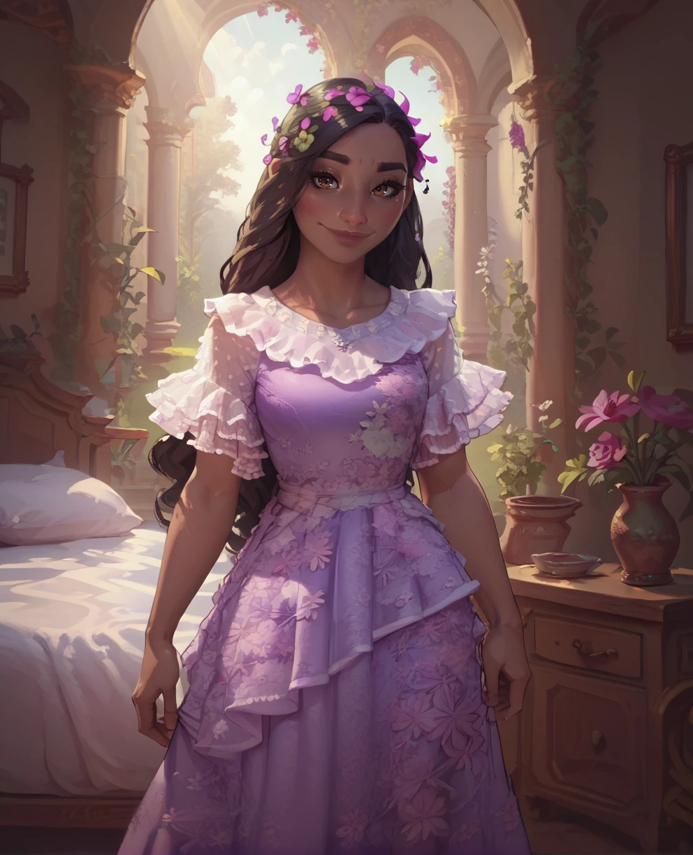 score_9,score_8_up,score_7_up,score_6_up,isabelaxl,long hair,black hair,brown eyes,hair flower,purple dress,jewelry,floral print,frills,light smile,standing,morning,garden,looking at viewer,<lora:isabellaxl:1>,