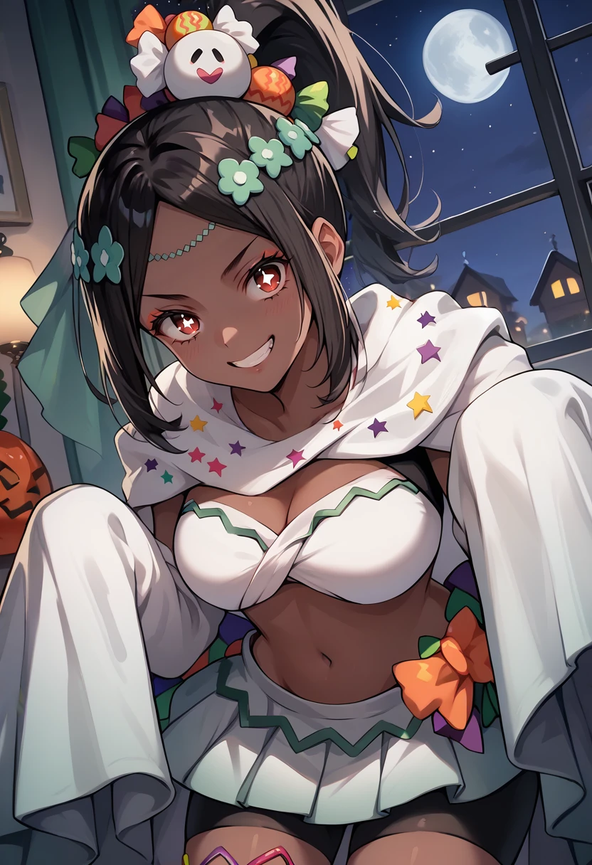score_9, score_8_up, score_7_up, source_anime, 1girl, looking at viewer, evil grin, shaded face, BREAK <lora:TimerraFE-pdxl:1> halTimerra, very dark skin, star-shaped pupils, high ponytail, black hair, candy hair ornament, circlet, halloween costume, white crop top, large breasts, sleeves past fingers, white skirt, bike shorts, indoors, night, window, full moon