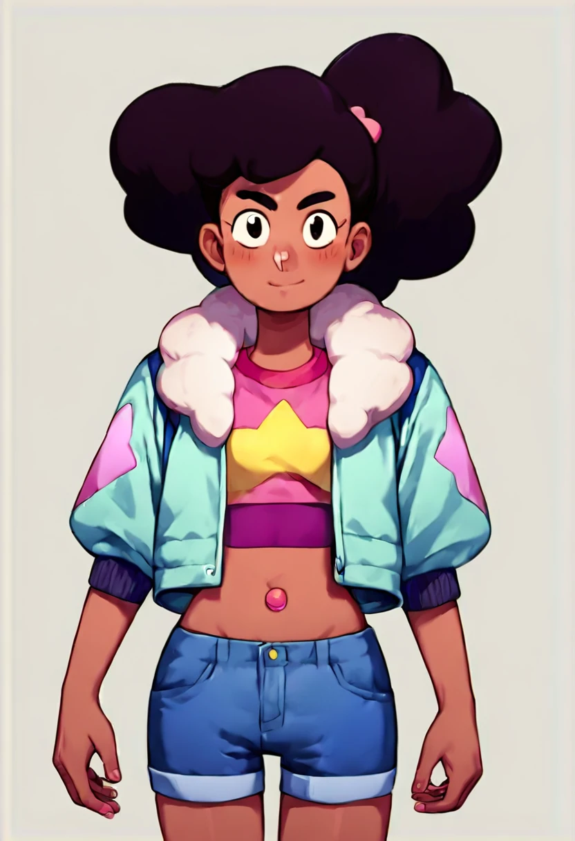 , score_9, score_8_up, score_7_up, source_anime, source_cartoon, rating_safe 1girl, solo,  stevonnie, black hair, dark skin, dark-skinned female, shorts, black eyes, midriff, jacket
(cartoon, anime),detailed face, (cowboy shot), (source_cartoon, source_anime), detailed eyes, masterpiece,    
SIMPLE BACKGROUND
seductive,nsfw,lewd,sensual,  perky breasts, hips, , thighs, sexy pose,  adult,  nude, 
woman,1girl, , looking  at viewer, happy, blushing,, flirty eyes,            
 <lora:Stevonnie_Pony:.5>