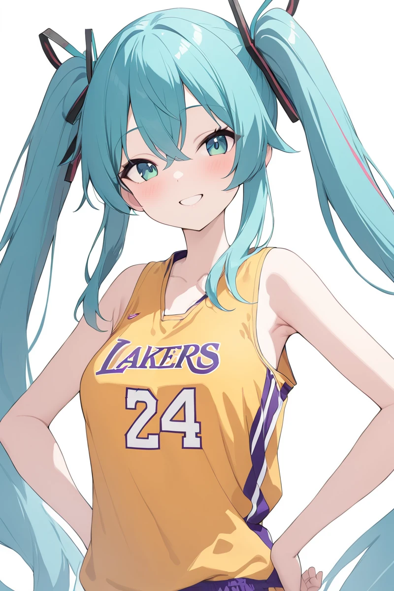masterpiece, best quality, 1girl, solo,upper body,smile, yellow shirt, basketball uniform,hatsune miku, <lora:No.24 jersey_xl:1>,simple background,hands on hips,