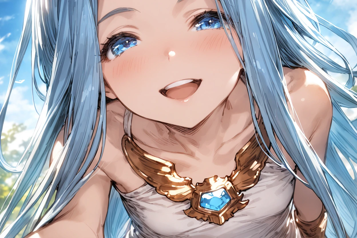 masterpiece, best quality, very aesthetic, absurdres,
POV, 1girl, solo, smile, imminent kiss, blue sky,
lyria \(granblue fantasy\), very long hair, blue hair, small breasts, skinny,
<lora:lyria-XL:0.8>, <lora:ishikeiXL:0.5> upper teeth only,
