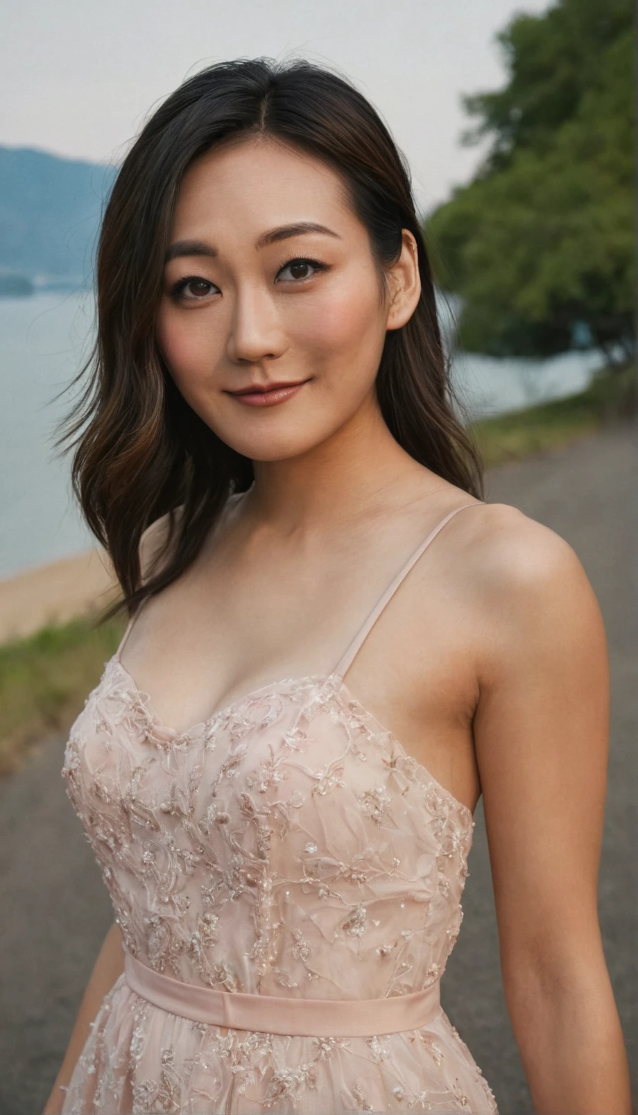 a beautiful picture of fukuharaXL ,woman,detailed skin texture,masterpiece, photorealistic, light, RAW color photo,(fully in frame:1.1), (blush:0.5), (goosebumps:0.5),wearing a dress,detailed face,outdoors, (smile:0.5),<lora:fukuharaXL (2):1>