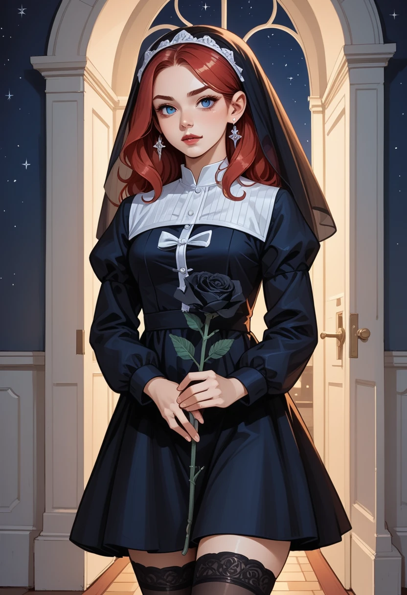 score_9, score_8_up, score_7_up, score_6_up, score_5_up, score_4_up, 1girl, blue eyes, long red hair, hud_s1n, short black dress, long sleeves, veil, thighhighs, holding a black rose, <lora:sinner-000008:0.7>, ouitdoors, night, starry sky