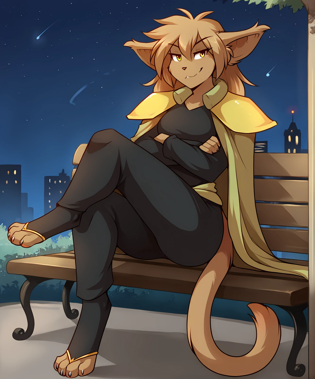 score_9, score_8_up, score_7_up,score_6_up,score_5_up, source_furry
BREAK
solo, furry female anthro, long hair, medium breasts, (seductive, smug), armor, pauldron, cape, crossed arms, wide hips, toeless legwear, (outdoors, night, city, sitting, on bench, leg up), upper body shot, digitigrade
BREAK
<lora:Madelyn-Adelaide-Twokinds-SDXL-AnonTK-V1:0.8>, madelyn-twokinds, basitin, mammal, feline tail, yellow eyes, by tom fischbach,  <lora:PDXL_artist_tags_v2_big:1>