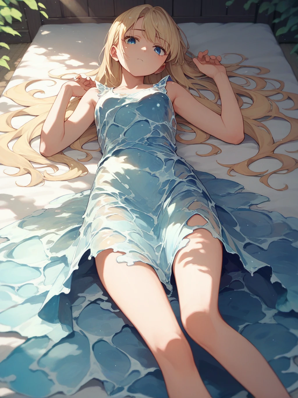 score_9, score_8_up, score_7_up, score_6_up, source_anime, <lora:water_dress_v0.2-pony:1>
1girl, long hair, blonde hair, blue eyes,
liquid dress, lying, looking at viewer, dappled sunlight,