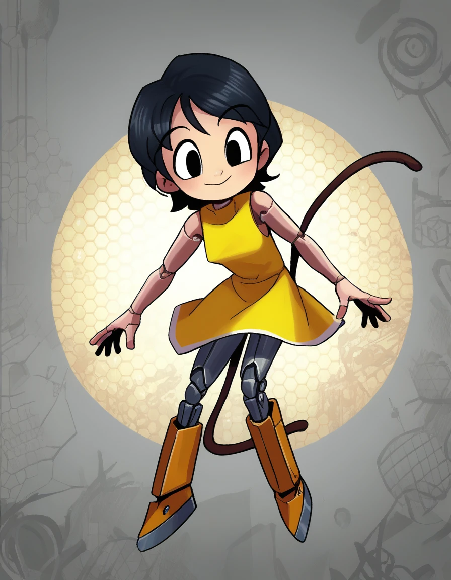 zPDXL, score_9, score_8_up, score_7_up, source_anime,
1girl, solo, <lora:Parsleah_v1:0.8> parsleahbase, black hair, short hair, black eyes, (monkey tail), small breasts, brown tail,, happy, balancing, (android) wearing sleeveless dress, Biomechanical cyborg arms with organic elements fused with metal, pulsing veins, biomechanical textures, Aluminum alloy legs frames with honeycomb patterns, brushed metal finish, industrial look,, <lora:peargor_v2:1> prgr