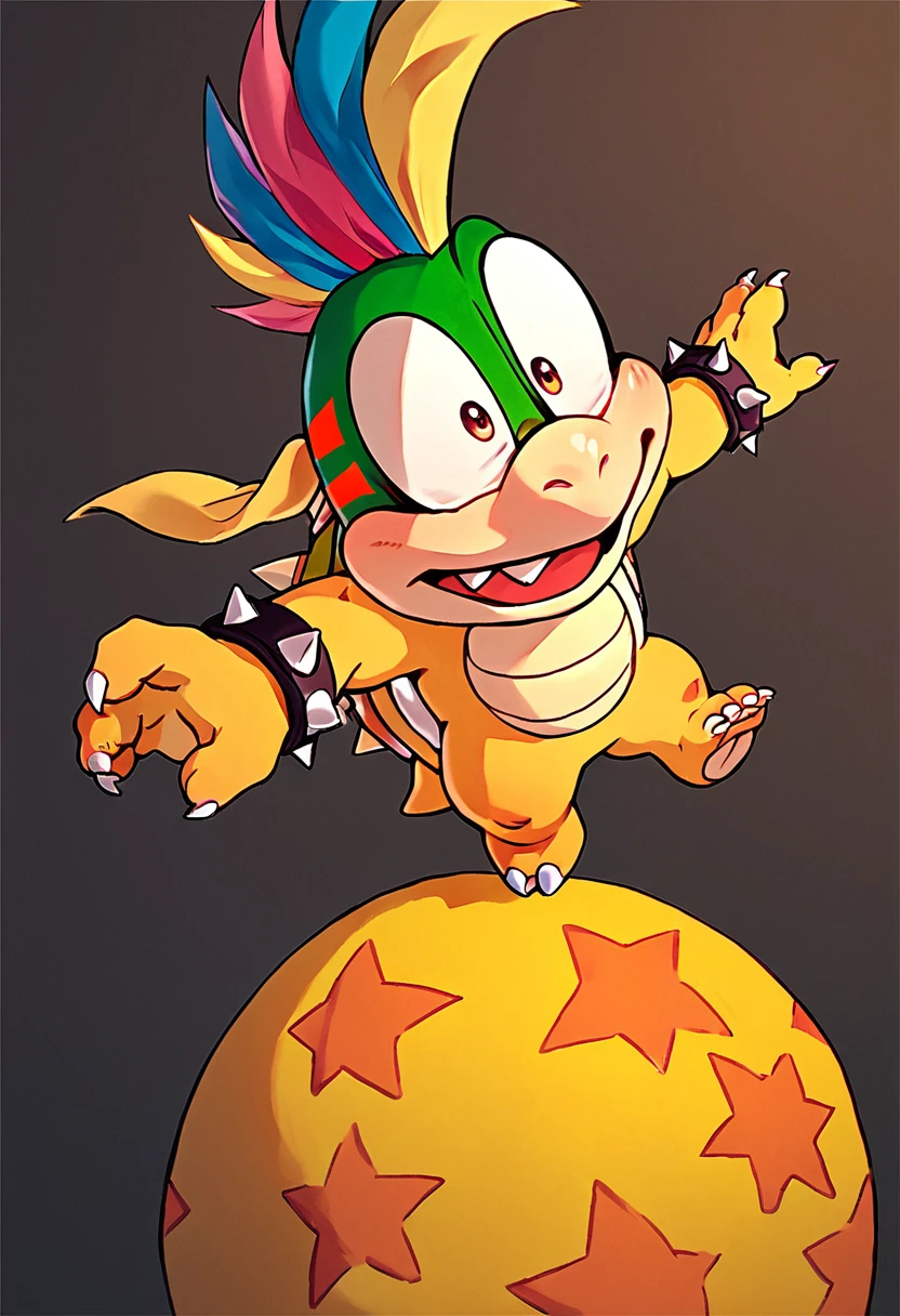 score_9, score_8_up, score_7_up, score_6_up, score_5_up, source_furry, lemmy koopa, yellow body, shortstack, spiked wrist cuffs, rainbow hair, silly expression, simple background, claws, <lora:Lemmy_Koopa:1>