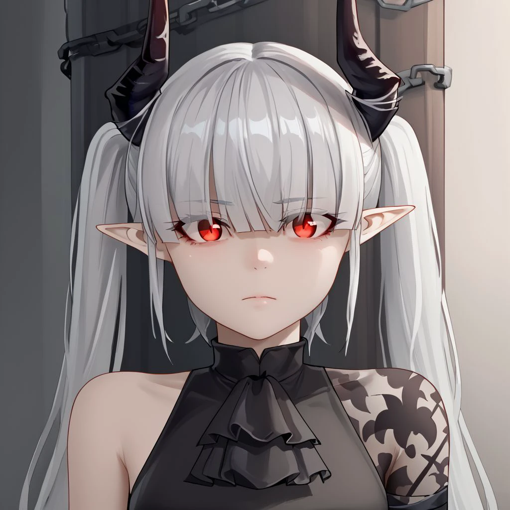 1girl, solo, portrait, close up, chained_sarkaz_girl, black dress, asymmetrical clothes, patterned clothes, single sleeve, black ascot, hair over eyes, eyes visible through hair, demon horns, blunt bangs, red eyes, pointy ears, pale skin, white hair, grey hair, twintails