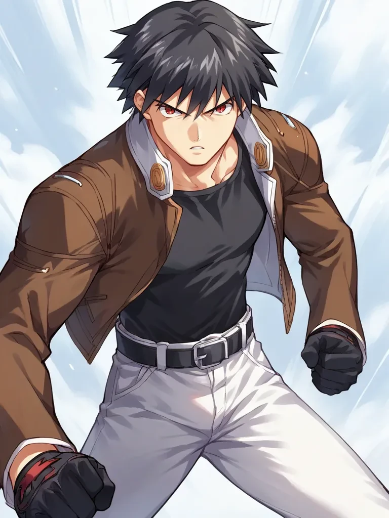 score_9, score_8_up, score_7_up, source_anime, <lora:Magami_Yuuji_-_Only_You_-Re_Cross-__Only_you_-リクルス-:1>,
1boy, solo, black hair, short hair, red eyes, brown jacket, open clothes, black shirt, white pants, black gloves, belt, standing, serious, fight stance, parted lips