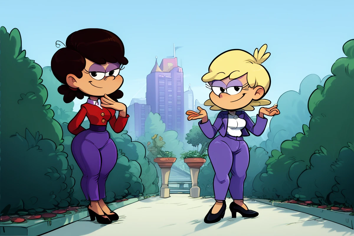 score_9, score_8_up,score_7_up, score_6_up, score_5_up, source_cartoon, (Cartoon:1.0), <lora:add_details_xl:1>, outdoors, blue sky, city, garden, tree, <lora:Lunas-Sparrow-SDXL-A1:0.4>, 2girls, smile, closed mouth, looking at viewer, full body, standing,
BREAK
<lora:Adelaide_Chang_XL-04:1>, Adelaide Chang, 26yo girl, short hair, brown hair, twintails, bangs, black eyes, cartoon eyes, eyeshadow, breasts, medium breasts, formal, suit, red jacket, white shirt, purple pants, high heels, black footwear, thighs, thick thighs curvy, wide hips,
BREAK
<lora:Lily_Loud_XL-04:1>, Lily Loud, 21yo girl, short hair, blonde hair, black eyes, cartoon eyes, purple eyeshadow, breasts, medium breasts, formal, suit, purple jacket, white shirt, purple pants, thighs, high heels, black footwear, thick thighs curvy, wide hips,