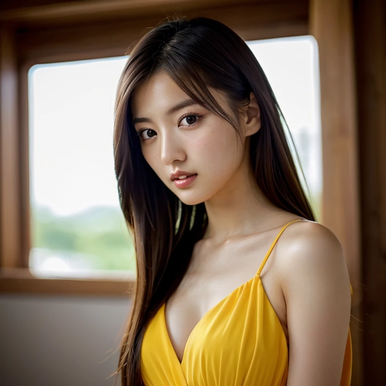(RAW photo,best quality, realistic,photo-realistic:1.2), extremely detailed,8k wallpaper, Amazing,ultra-detailed,highres, 1girl, solo, long hair, brown hair, looking at viewer, medium breast, cowboy shot, mole, black eyes, lips, Yellow dress, kooo123 <lora:Mityuki_001:0.75>