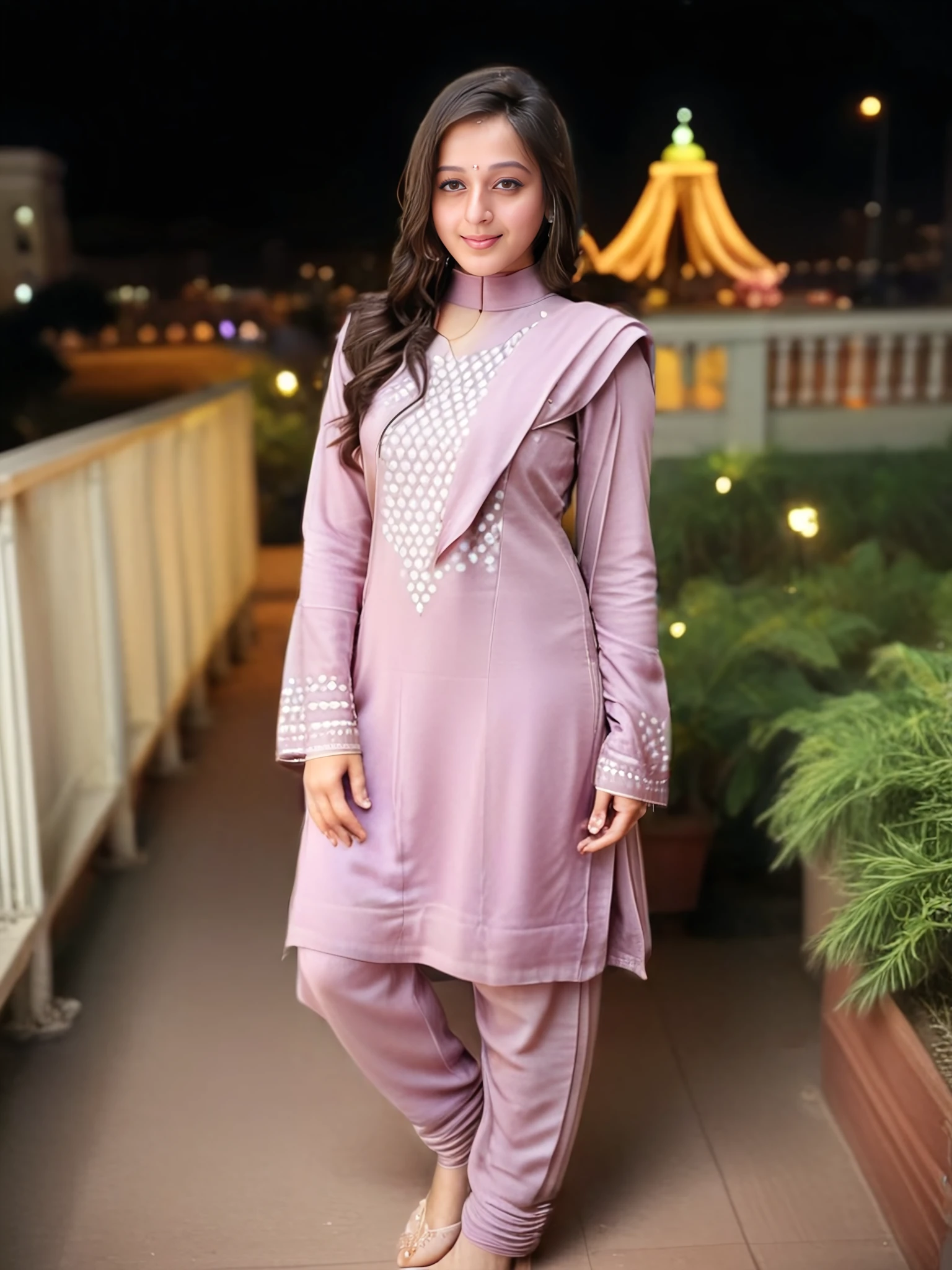 photo of a 30-year-old priyal gor woman,full body,  Mauve colored modest high neck Patiala Suit, , looking at camera, , soft lighting, night time, city lights in bokeh   <lora:Priyal_Gor_SDXL_LoRA_adafactor:1>