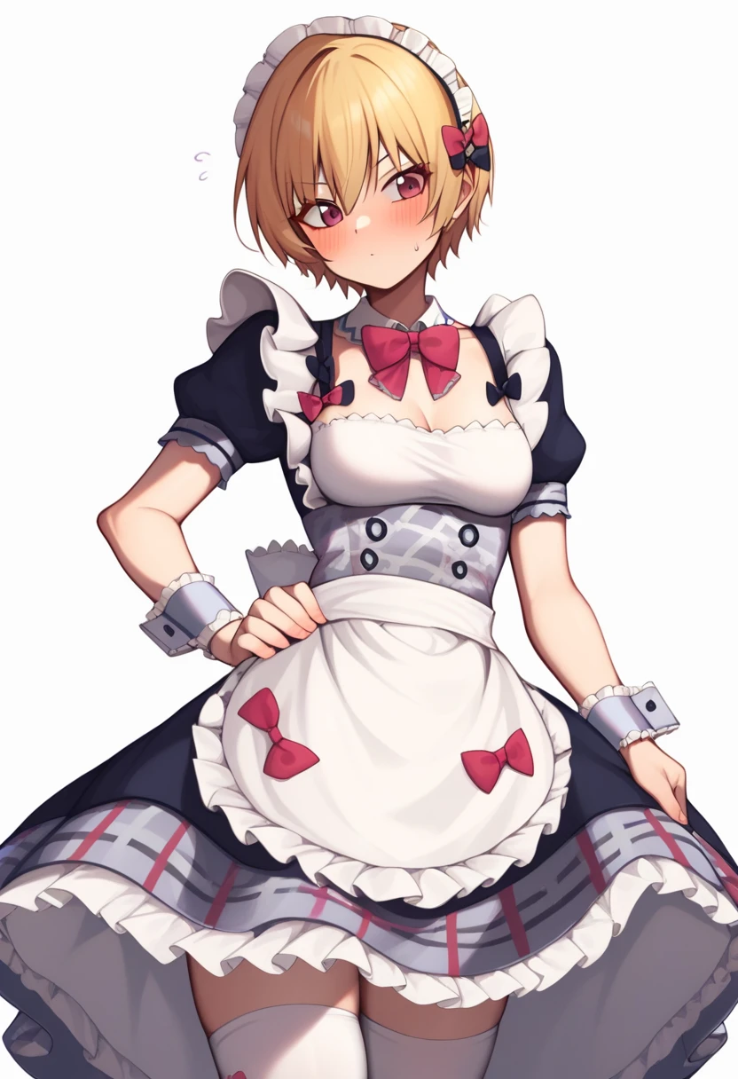 score_9,score_8_up,score_7_up,<lora:saijo_juri_pony:1>,purple_bow, red_bow, maid_headdress, white_background, puffy_short_sleeves, 1girl, zettai_ryouiki, buttons, frilled_cuffs, blush, enmaided, medium_breasts, frills, petticoat, collared_dress, commentary_request, thighhighs, name_tag, solo, saijo_juri, plaid, bowtie, simple_background, hand_on_own_hip, wrist_cuffs, highres, cowboy_shot, maid_apron