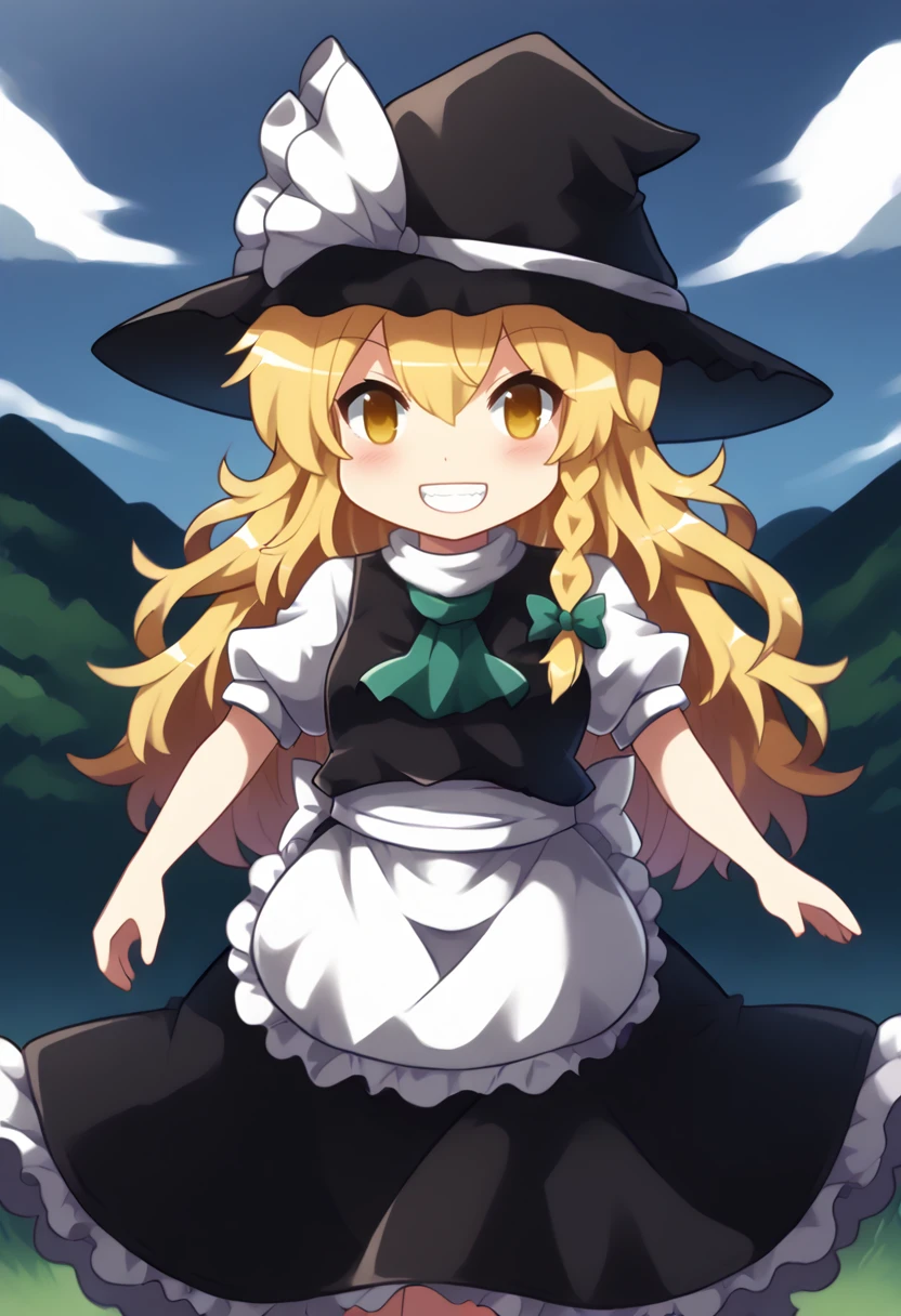 score_9, score_7_up, hd, (ultra hd quality details), outdoors, day,
solo, 1girl, kirisame_marisa, touhou, witch_hat, single_braid, white_shirt, black_vest, black_hat, white_bow, hat_bow, hair_bow, white_apron, black_skirt, waist_apron, puffy_short_sleeves
looking at viewer, smile, teeth,
standing, chibi,
<lora:_colonel_aki_style-elesico:1.15> <lora:Touhou_pony:1>
