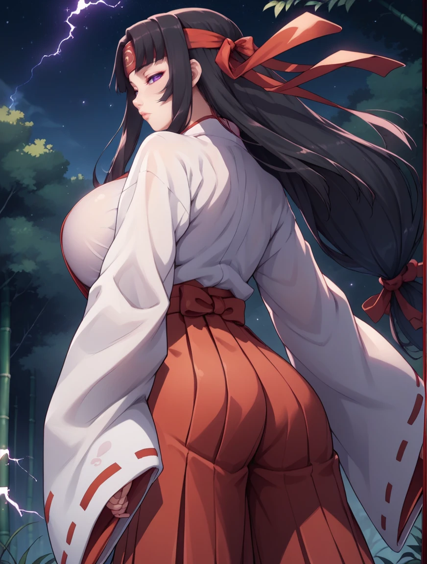 score_9, score_8_up, score_7_up,score_6_up, score_5_up, score_4_up , 1girl, solo, 
huge breasts, 
TamoeDG,
long hair, purple eyes, black hair, low-tied long hair,
japanese clothes, headband, ribbon trim, hakama, hakama shirt, red hakama, ribbon trim,
wide sleeves, hair ribbon, 
bamboo forest, wind, light particles, night, starry sky,  rain, 
from below,
 electricity, 
from behind, 
half-closed eyes, 
looking at viewer, profile,
  <lora:Tamoe DG PonyXL V1-000003:0.90>