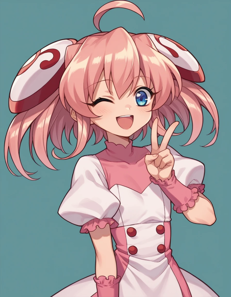 zPDXL, score_9, score_8_up, score_7_up, source_anime,
1girl, solo, <lora:Rizelmine_v2-20:0.8> rizel, ahoge, short hair, hair ornament, hairpods, pink hair, blue eyes, petite, flat chest, outfit2, v, happy, one eye closed,