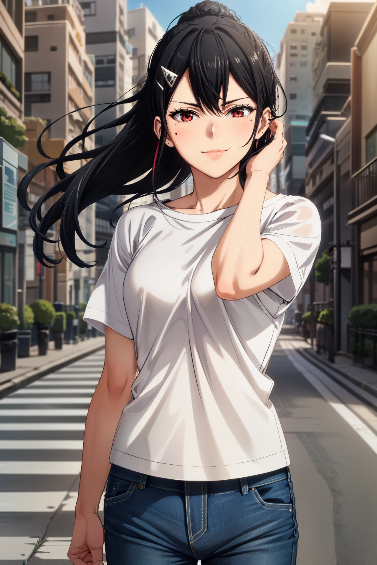 1girl, (masterpiece), (high quality, best quality), (intricate details, very aesthetic), pixiv, , perfect face, nice eyes and face, detailed face and eyes, (solo), textured skin, absurdres, highres, <lora:more_details:0.4>, <lora:mina_ashiro-V1:0.7> ashiro_mina_wz, black hair, straight hair, sidelocks, hairclip, ponytail, red eyes, mole under eye, shirt, short sleeves, jeans, walking, city,street, tokyo, cowboy shot, looking at viewer, floating hair, (adjusting hair:1.3), light smile<lora:sd_v15_dpo_lora_v1:1>