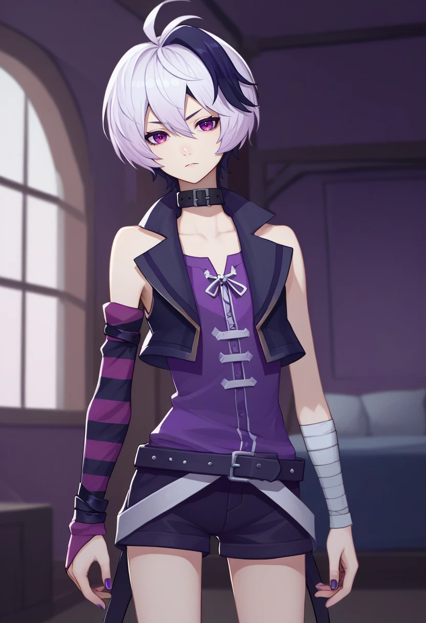 score_9, score_8_up, score_7_up, source_anime, cowboy shot, solo, 1girl, vocaloidflowerv4, expressionless, looking at viewer, standing, short hair, streaked hair, white hair, purple hair, purple jacket, sleeveless jacket, purple shirt, sleeveless shirt, arm warmers, striped sleeves, purple gloves, fingerless gloves, black shorts, belt collar, bandages, bandaged arm, nail polish, purple nails, bare shoulders, collarbone, indoors <lora:vocaloid_flower_ponyXL-000008:1>