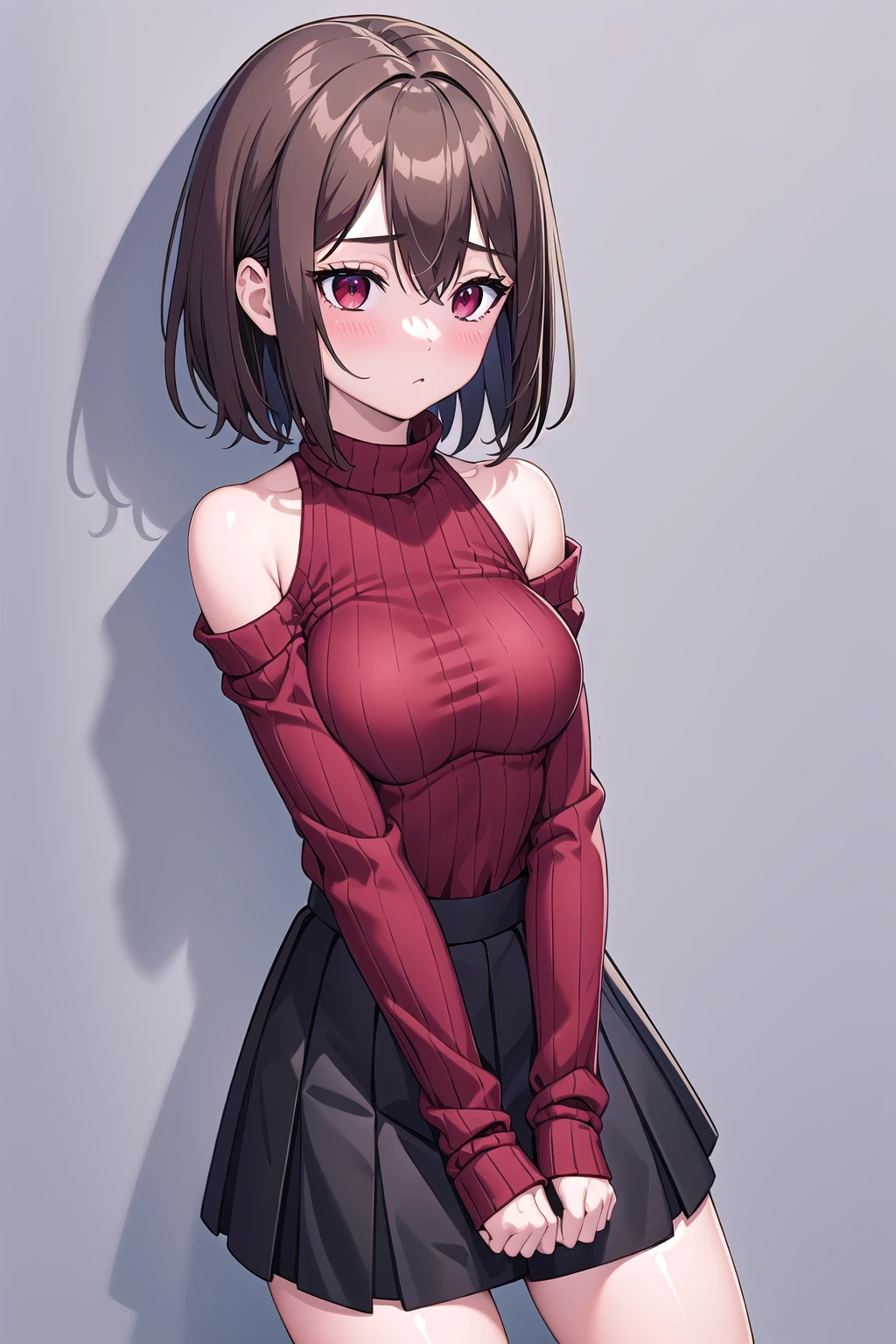 (masterpiece, best quality), charaSF, 1girl, solo, short hair, brown hair, red eyes, collar, black jacket, off shoulder, fur trim, red sweater, ribbed sweater, turtleneck, shoulder cutout, long sleeves, black shorts, blush, <lora:Chara__Storyfell-Undertale-000009:0.7>, breasts squeezed together, v arms, <lora:breasts_squeezed_together_v0.2:1>