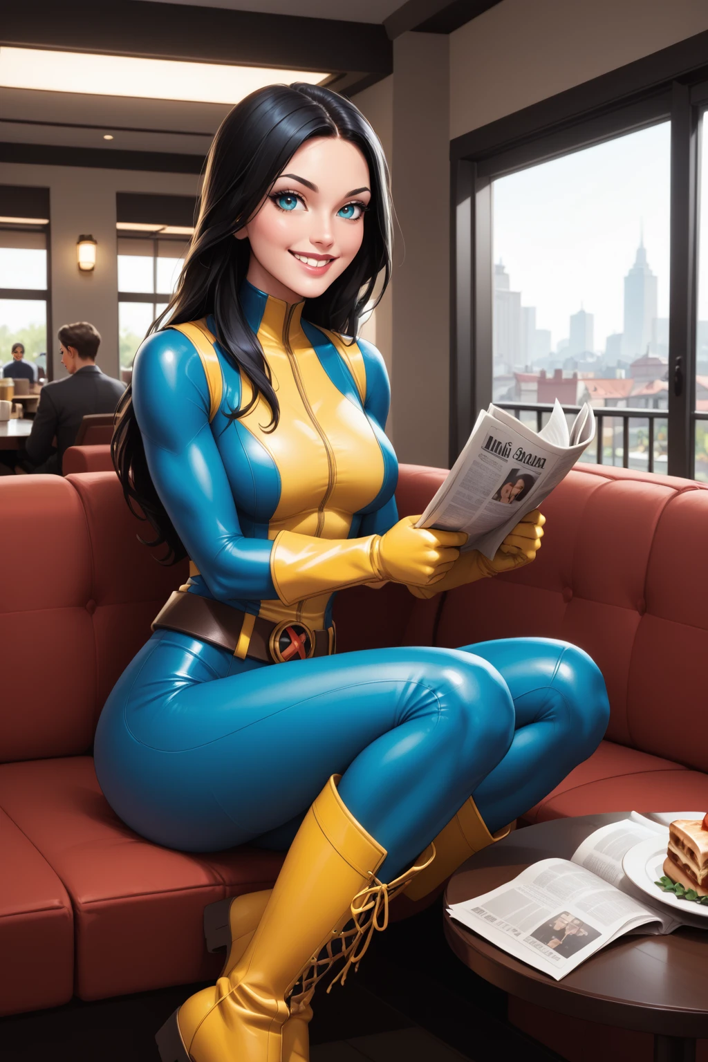 score_9, score_8_up, score_7_up, masterpiece, high quality, BREAK
 <lora:Laura Kinney X-23PonyLoRA:1.1>LraKinyX, long hair, yellow blue bodysuit, gloves, belt, yellow blue boots, sitting on a couch in a cafe holding a newspaper, smile