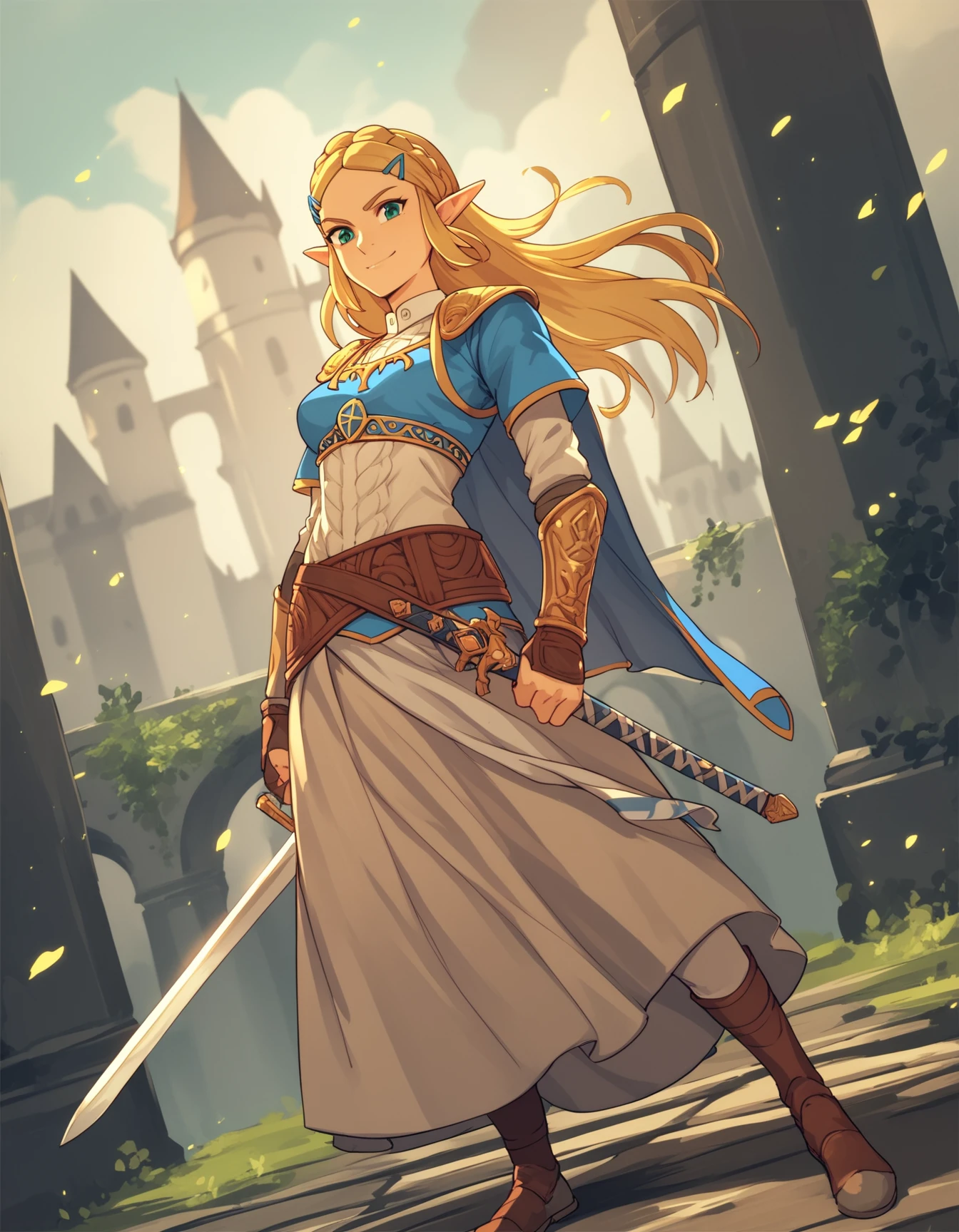 score_9, score_8_up, score_7_up, source_anime, <lora:confetti-extract-ponyxl:1> 1girl, solo, princess zelda, sword, smirk, stance, castle, cinematic lighting