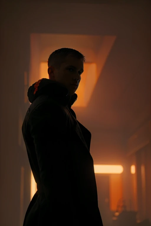 bladerunner silhouette of a man,  bright lighting, looking at viewer,  cyberpunk, streetwear <lora:bladerunner:1>, (orange lighting:1)