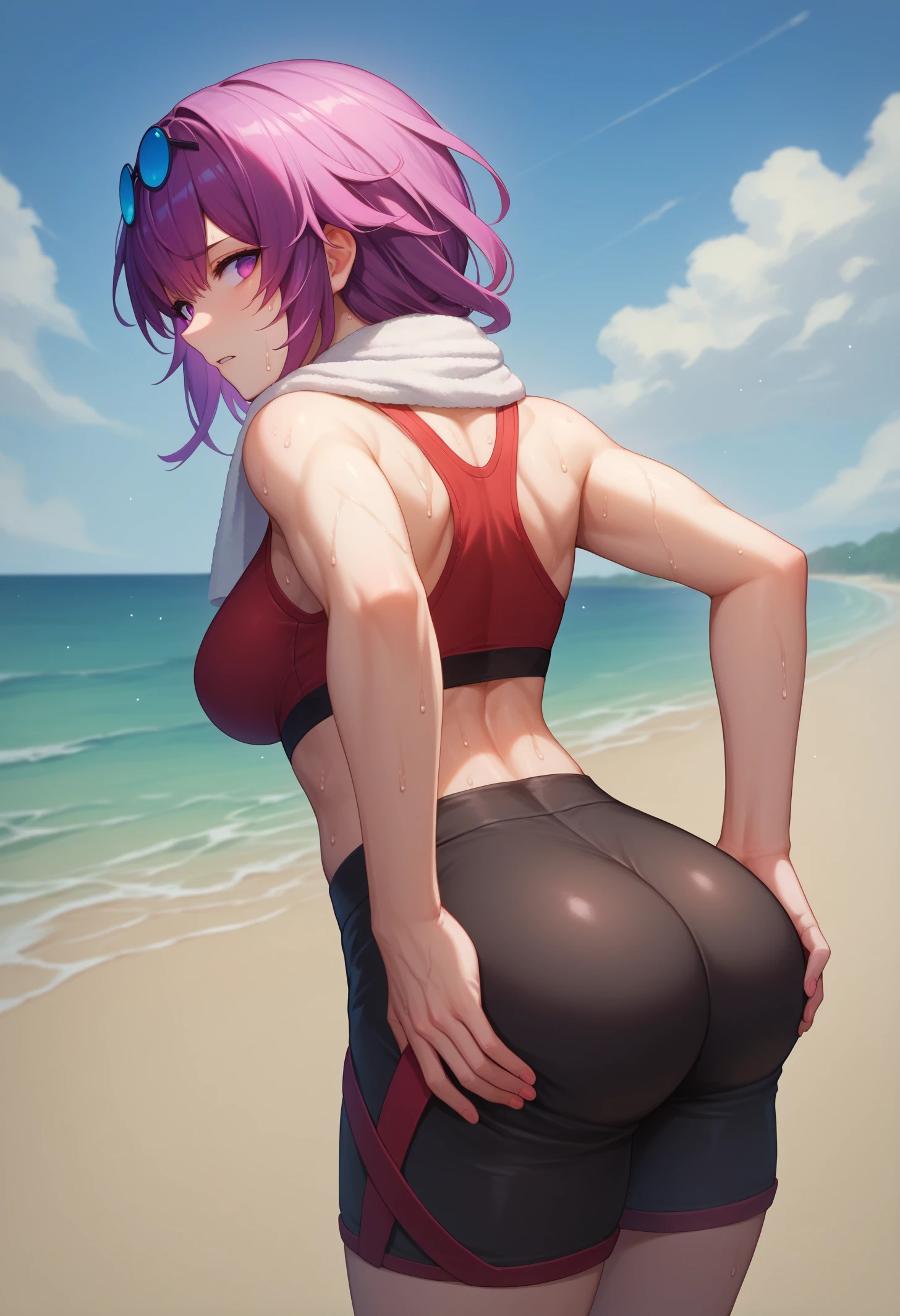 score_9, score_8_up, score_7_up, detailed, BREAK 1girl, solo, kafmoommy, purple eyes, no pupils, purple hair, medium hair, large breasts, eyewear on head, <lora:KafkaPDXL_V1-Manityro-CAME:1.0>,
outdoors, beach,
looking to the side, looking back, side view, toned, sweat, hand on ass, pain, parted lips, surprised,
red sports bra, black shorts, sports shorts, towel around neck,