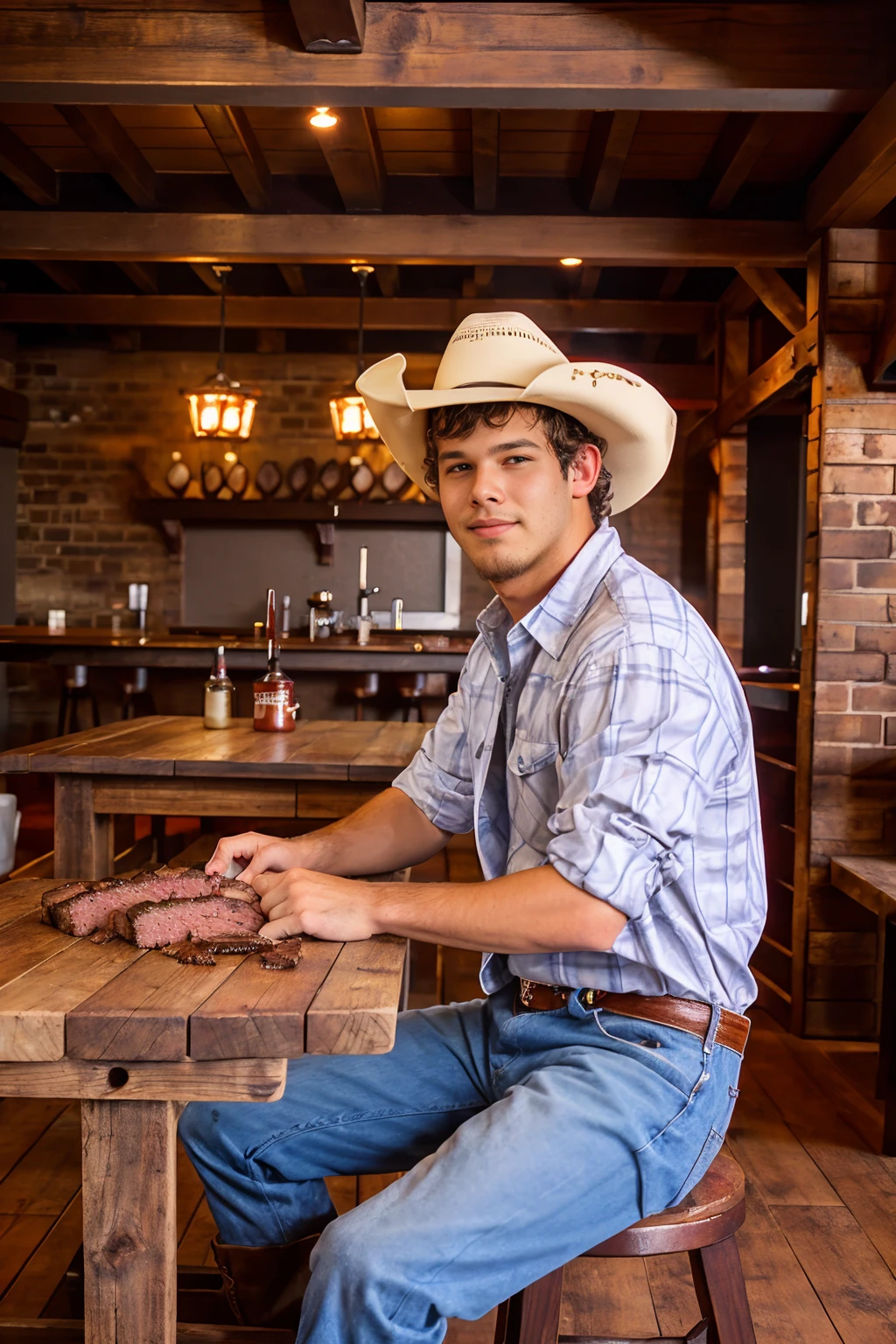 rustic timber frame barbecue restaurant, red brick walls, BBQ, sitting beside wooden table, plate of (brisket barbecue:1.3) at table, CMWyatt, wearing cowboy cut button up shirt, blue jeans, cowboy boots, (((full body portrait))), wide angle <lora:CMWyatt:0.8>