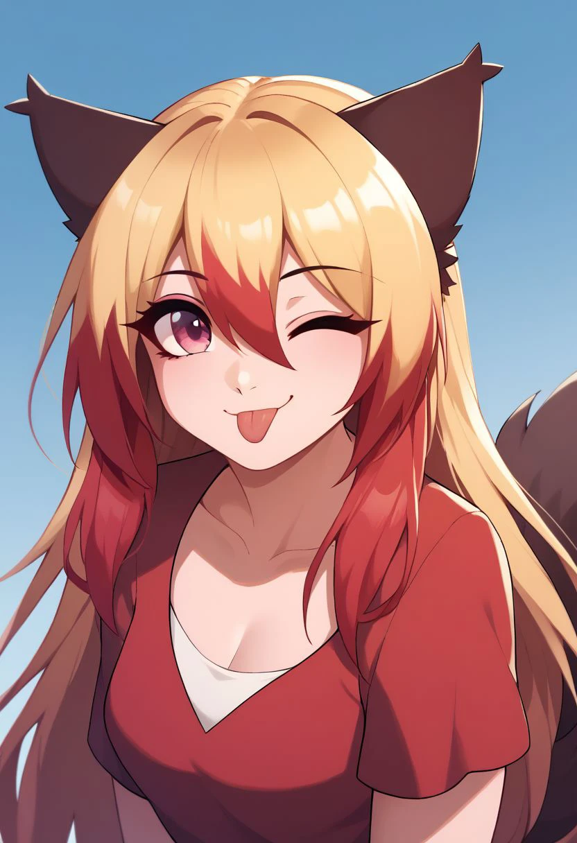 score_9, score_8_up, score_7_up,1girl,solo female, epic photograpy, extremely detailed, high quality, absurd res, high res
luna, 1girl, solo, long hair, very long hair, blonde hair, animal ears, hair between eyes, tail, wolf ears, wolf tail, red hair, multicolored hair, pink eyes, gradient eyes, fox girl.
winking, one eye closed, leaning, looking at viewer, leaned, tongue out, playful smile, cute, beautiful, blurry background, lught blue background, dress, from front