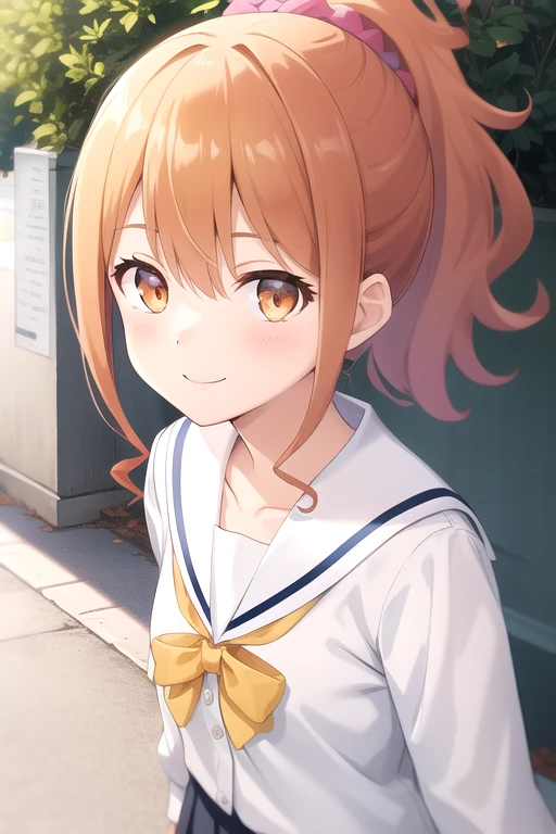 ((masterpiece)),(best quality),official art,extremely delicate and beautiful,extremely detailed CG,unity 8k wallpaper,ultra detailed,beautiful detailed eyes,extremely detailed face,outdoors,1girl,solo,upper body,(portrait:1.5),looking at viewer,facing viewer,smile,(petite:1.2),long hair,orange hair,high ponytail,hair ornament,hair scrunchie,sidelocks,hair between eyes,bangs,orange eyes,collarbone,school uniform,white sailor collar,serafuku,white shirt,yellow bowtie,long sleeves,medium breasts,skindentation,miniskirt,pleated skirt,black skirt,black socks,loafers,brown footwear,<lora:Jinno Megumi(es)>,