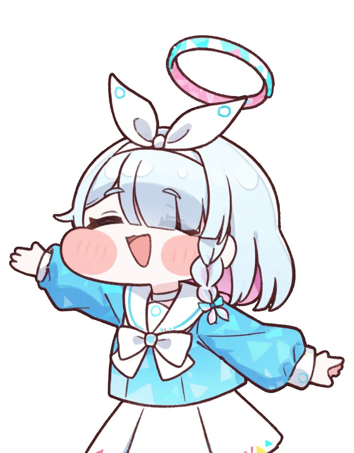 <lora:Trickcal_Revive:1>,1girl, arona \(blue archive\), solo, white sailor collar, shirt, halo, sailor collar, white background, long sleeves, skirt, blue shirt, open mouth, braid, white skirt, simple background, closed eyes, blush stickers, hairband, bangs, bow, outstretched arms, single braid, white bow, school uniform, smile, white hairband, ribbon, xd, blue hair, arms up, white ribbon, bow hairband, hair ribbon,chibi,, masterpiece,newest,absurdres,safe,