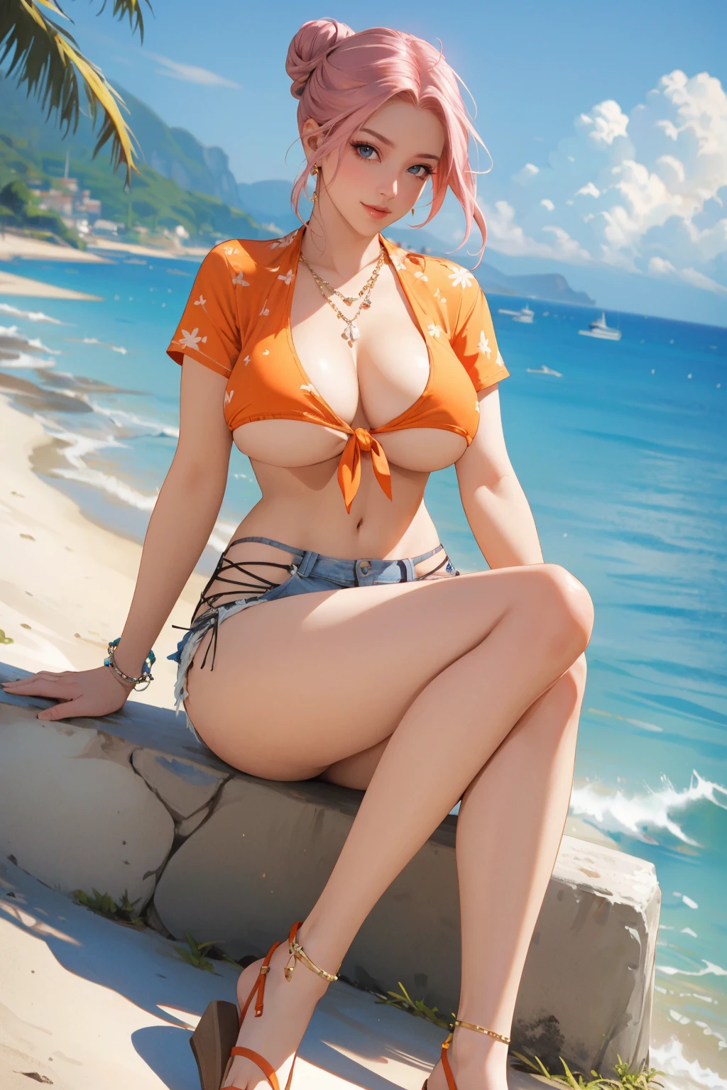 masterpiece,best quality,perfect face,intricate,beautiful scenery,ultra realistic 8k CG,perfect artwork,doaxvv,elise,1lady,large breasts,toned body,narrow waist,beautiful legs,realistic,solo,cinematic lighting BREAK
elise,pink hair,hair bun,orange hawaiian shirt,crop top,front tie,short sleeves,underboob,denim bikini shorts,necklace,anklet,sandals,<lora:elise_v1.0:0.8> BREAK
vibrant multicolored houses of Italy's Cinque Terre,perched on the rugged cliffs overlooking the Ligurian Sea,cumulonimbus BREAK
realistic background,depth of field,stylish pose,seductive smile,looking at viewer,(dutch angle:1.2) BREAK