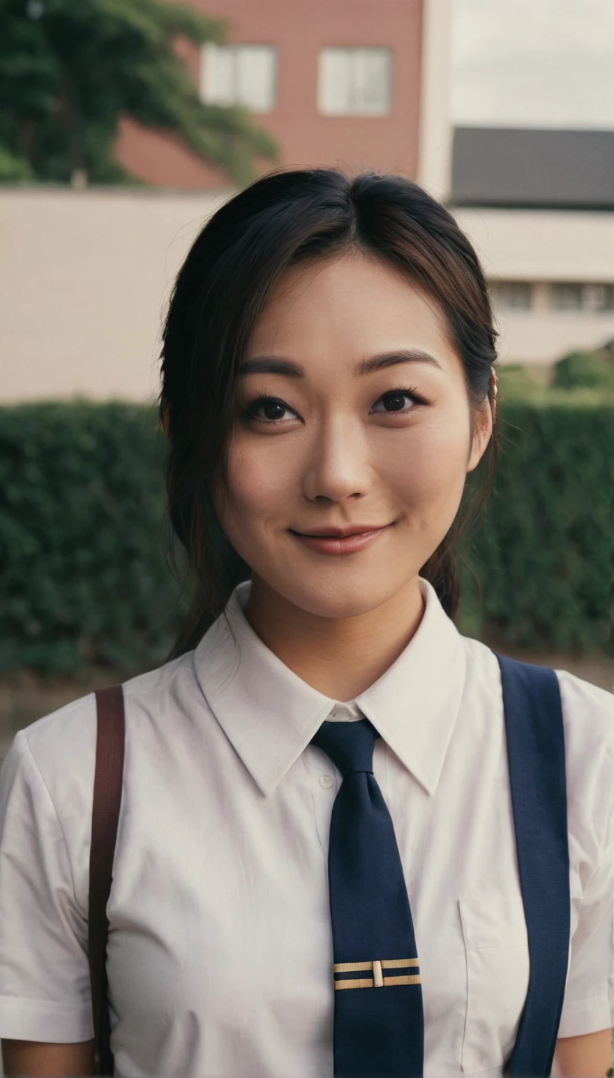 a beautiful picture of fukuharaXL ,woman,detailed skin texture,masterpiece, photorealistic, light, RAW color photo,(fully in frame:1.1), (blush:0.5), (goosebumps:0.5),wearing a school uniform,detailed face,outdoors, (smiling:0.5), film grain,cinematic<lora:fukuharaXL (2):1>
