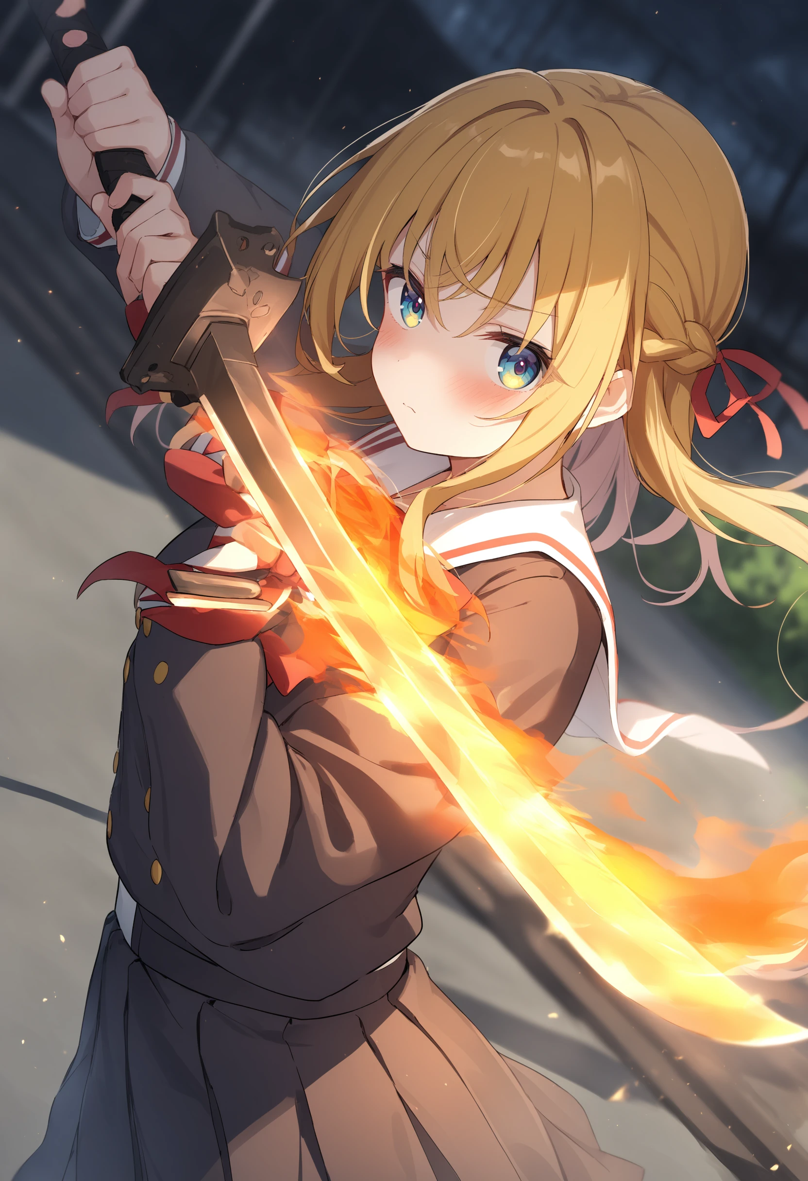 1girl,sincos, ningen mame, toosaka asagi,solo,medium breasts,school uniform,
flaming sword, holding sword, holding weapon,<lora:flamingsword_XL_v1:0.7>
fire, flaming weapon, glowing weapon, glowing sword, flame,
from side, cinematic angle, looking at viewer, blonde hair, golden eyes,embarrassed, railway track, closed mouth, braid hair,,
best quality, very aesthetic, absurdres