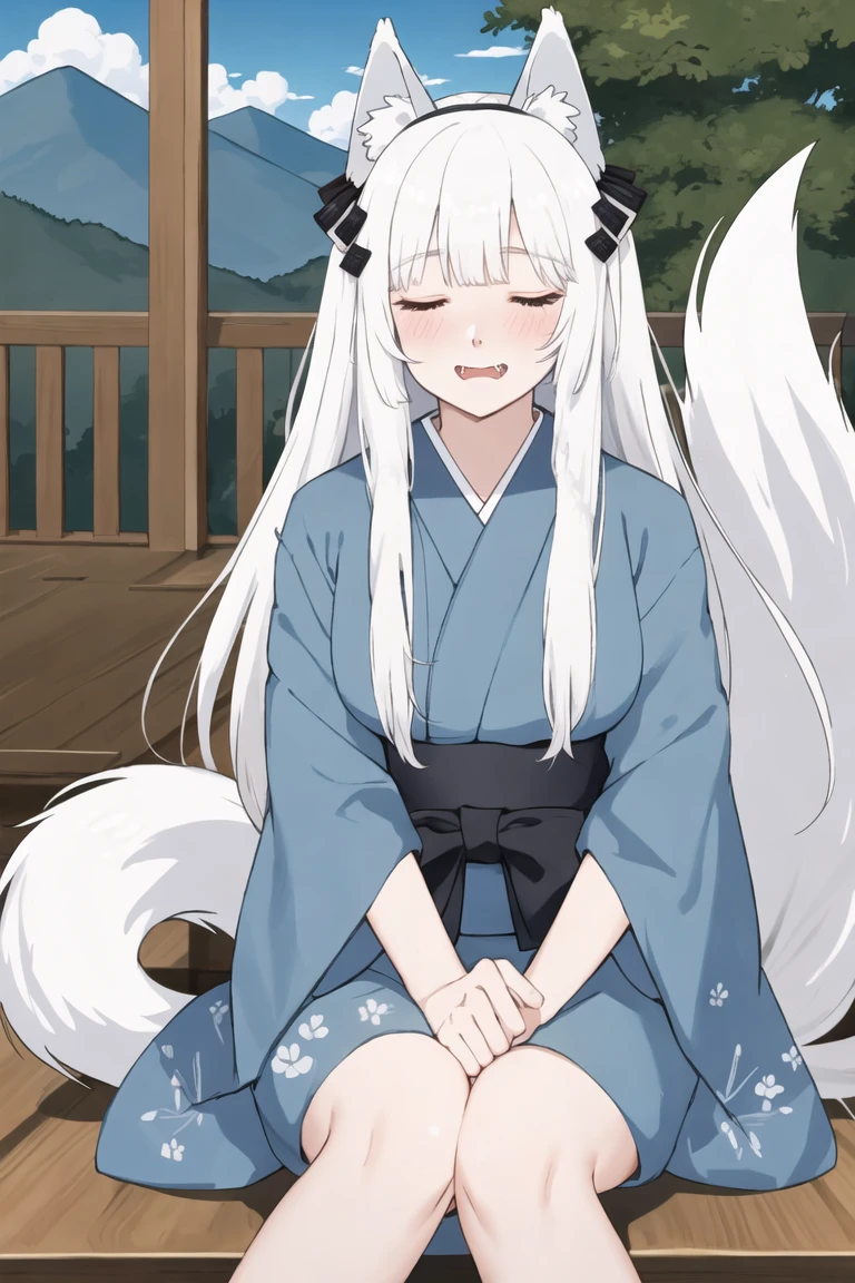 1girl,long hair,white hair,animal ears,tail,blush,closed eyes,very long hair,cloud,japanese clothes,hair ornament,bangs,fangs,wolf,furry,artist name,wolf ears,sitting,