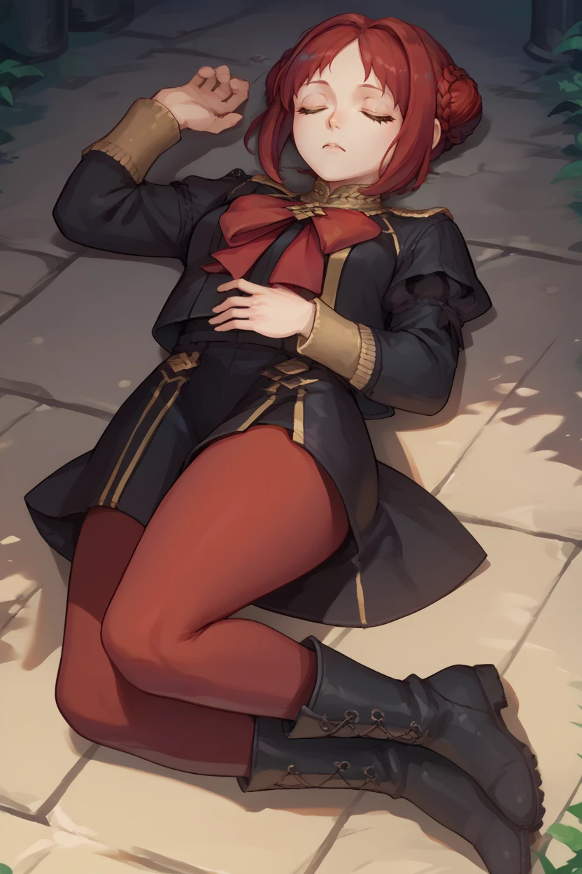 score_9, score_8_up, score_7_up, score_6_up, source_anime BREAK 1girl, <lora:femonica-pdxl-nvwls-v1-000005:1> defMonica, red hair, hair bun, braid, black jacket, long sleeves, red bow, black skirt, red leggings, black boots, closed eyes, lying on the ground, dungeon