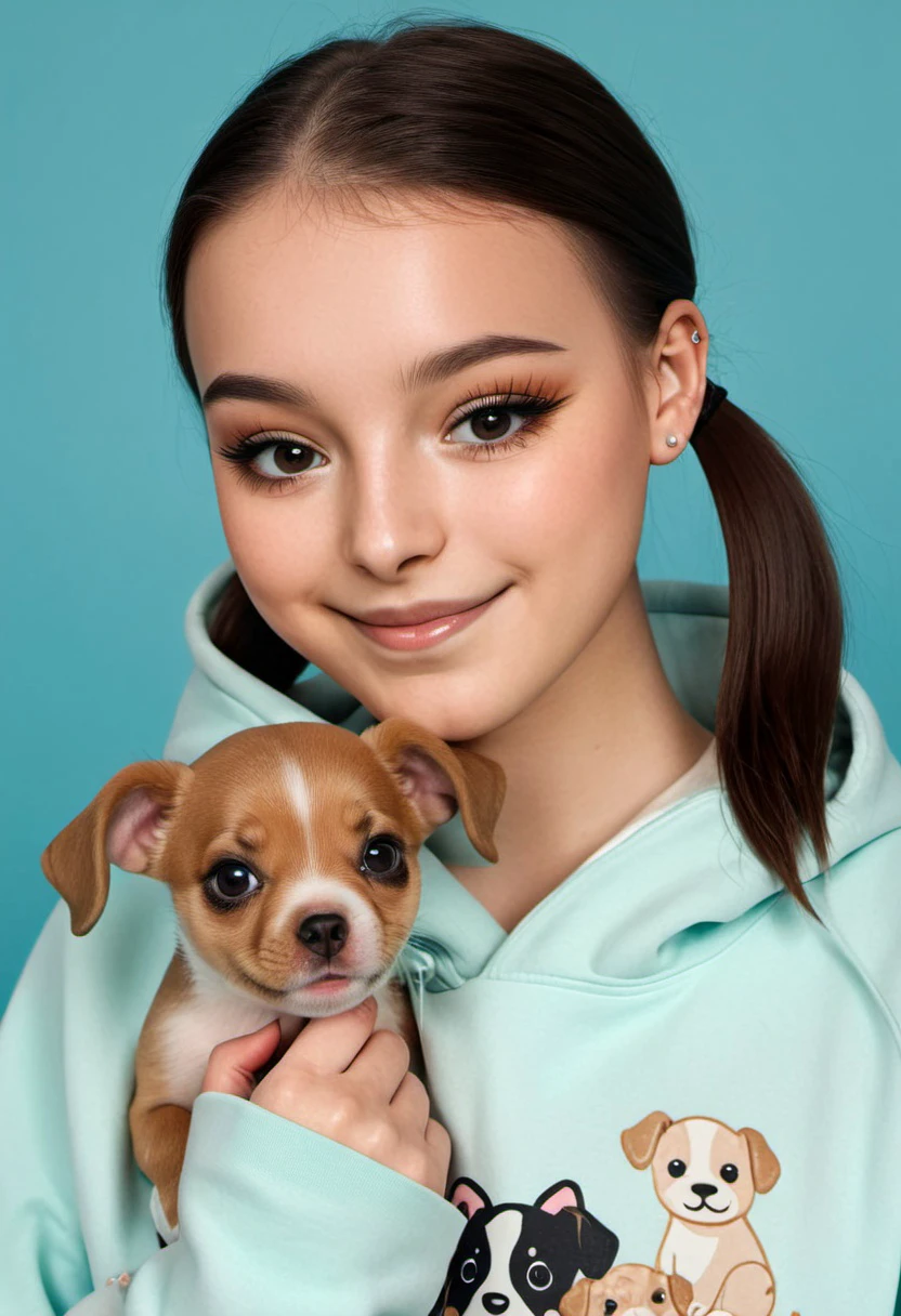 1 girl, wearing hoodie, hood down, smile, eyeliner, makeup, pigtails, holding puppy, 8k, ultra detailed face and eyes