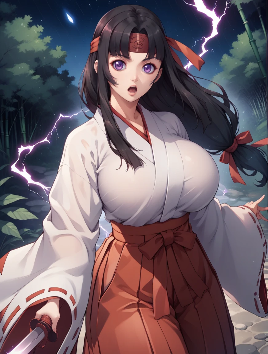 score_9, score_8_up, score_7_up,score_6_up, score_5_up, score_4_up , 1girl, solo,
huge breasts,
TamoeDG,
long hair, purple eyes, black hair, low-tied long hair,
japanese clothes, headband, ribbon trim, hakama, hakama shirt, red hakama, ribbon trim,
wide sleeves, hair ribbon,
bamboo forest, wind, light particles, night, starry sky, rain,
from above,
electricity,
battle, holding sword,
looking at viewer,
<lora:Tamoe DG PonyXL V1-000003:0.90>