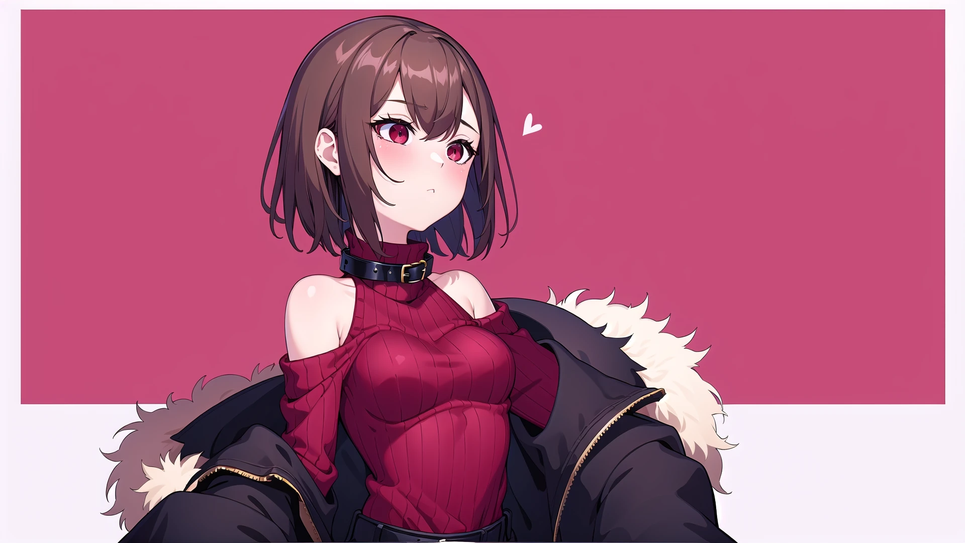 (masterpiece, best quality), charaSF, 1girl, solo, short hair, brown hair, red eyes, collar, black jacket, off shoulder, fur trim, red sweater, ribbed sweater, turtleneck, shoulder cutout, long sleeves, black shorts, blush, <lora:Chara__Storyfell-Undertale-000009:0.7>, wallpaper, double tint background, heart