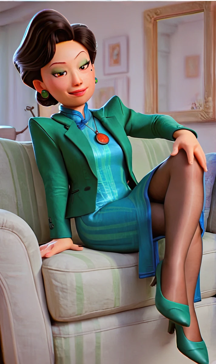 ML, 1girl, solo, score_9, score_8_up, score_7_up, sitting, couch, indoors, eyeshadow, earrings, china dress, pendant, blazer, pantyhose, green heels, legs crossed, smile, looking at viewer, <lora:Ming Lee Pony XL:0.75>