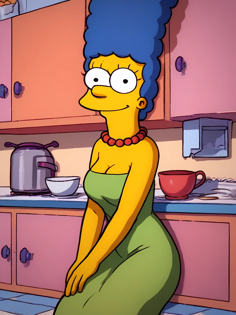 <lora:MargePony1.0:1.0> marges, blue hair, 1girl, solo, yellow skin, pearl necklace,green dress, smile, score_9, score_8_up, score_7_up, score_6_up, score_5_up, score_4_up, looking at viewer,kitchen,breasts, portrait, zPDXL flat color,dot pupils,sitting,