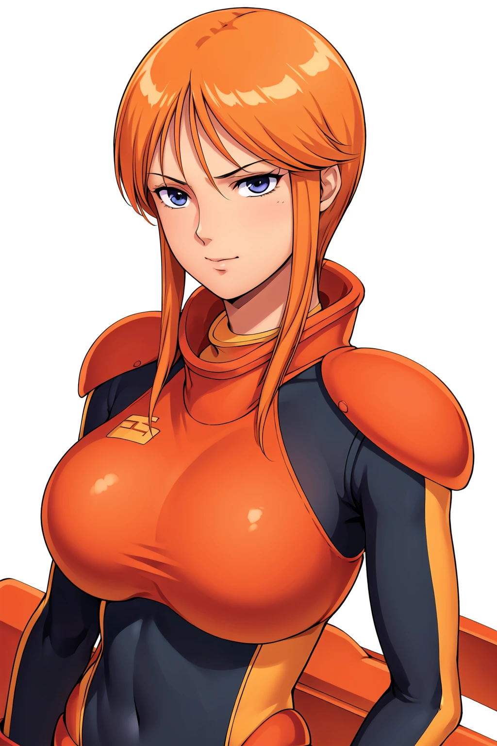 Simple White Background,
dynamic pose,standing at attention,
orange and black outfit,orange bodysuit,red hoodie,
<lora:Ple_Two_ZZ-KK77-V1:0.7>,orange shoulder armors,
blue eyes, orange hair,bangs,sidelocks,
<lora:more_details:0.1>,<lora:Oda_Non_Style-KK77-V2:0.3>,<lora:Sexy_AIart-KK77-V1:0.3>,
1 girl, 20yo,Young female,Beautiful long legs,Beautiful body,
Beautiful Nose,Beautiful character design, perfect eyes, perfect face,expressive eyes,perfect balance,
looking at viewer,(Focus on her face),closed mouth, (innocent_big_eyes:1.0),(Light_Smile:0.3),
official art,extremely detailed CG unity 8k wallpaper, perfect lighting,Colorful, Bright_Front_face_Lighting,White skin,
(masterpiece:1.0),(best_quality:1.0), ultra high res,4K,ultra-detailed,
photography, 8K, HDR, highres, absurdres:1.2, Kodak portra 400, film grain, blurry background, bokeh:1.2, lens flare, (vibrant_color:1.2),professional photograph,
(Beautiful,large_Breasts:1.4), (beautiful_face:1.5),(narrow_waist),
