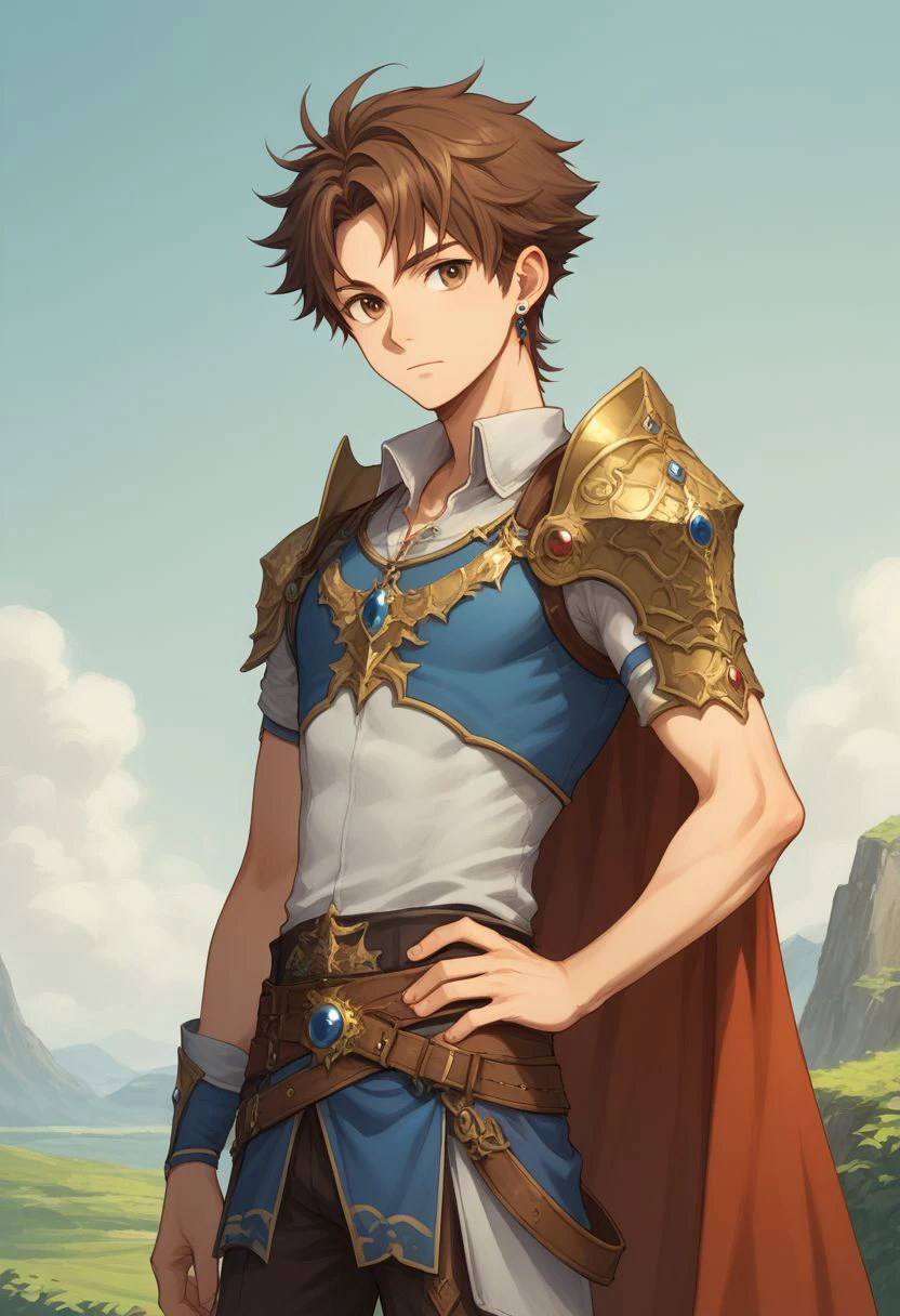 score_9, score_8_up, source_anime, highly detailed, 1boy, solo, skinny,
bartz, brown hair, short hair, solo, 1boy, male focus, cape, jewelry, earrings, boots, hand on hip, armor, shoulder armor, brown eyes,
outdoor, upper body,