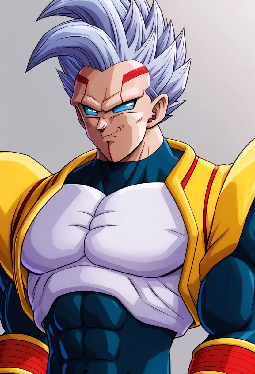 baby vegeta, solo, 1boy, grey hair, blue eyes , male focus, muscle body, big chest, big pecs, Big legs, black Lycra, handsome, best quality, high quality,